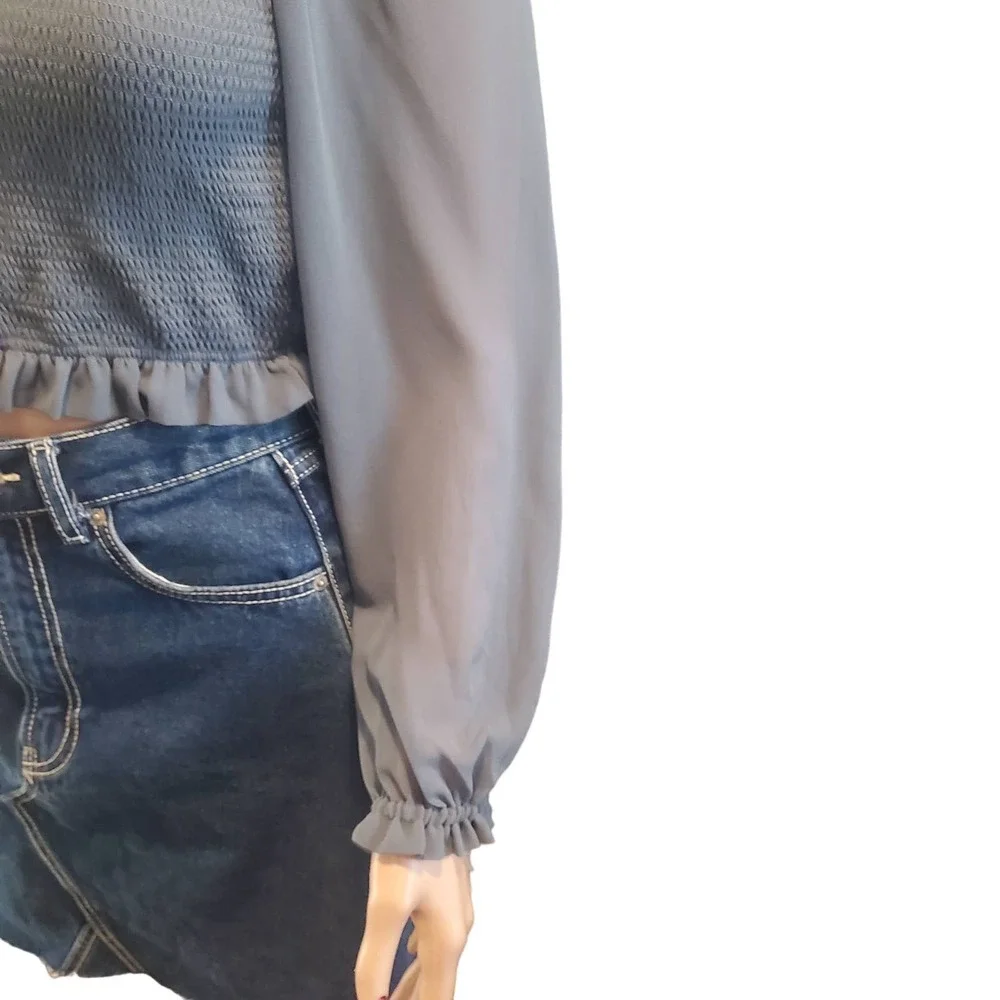 Aritzia Wilfred Size S Temptest Smocked Cropped Blouse in Granite Blue TINY FLAW